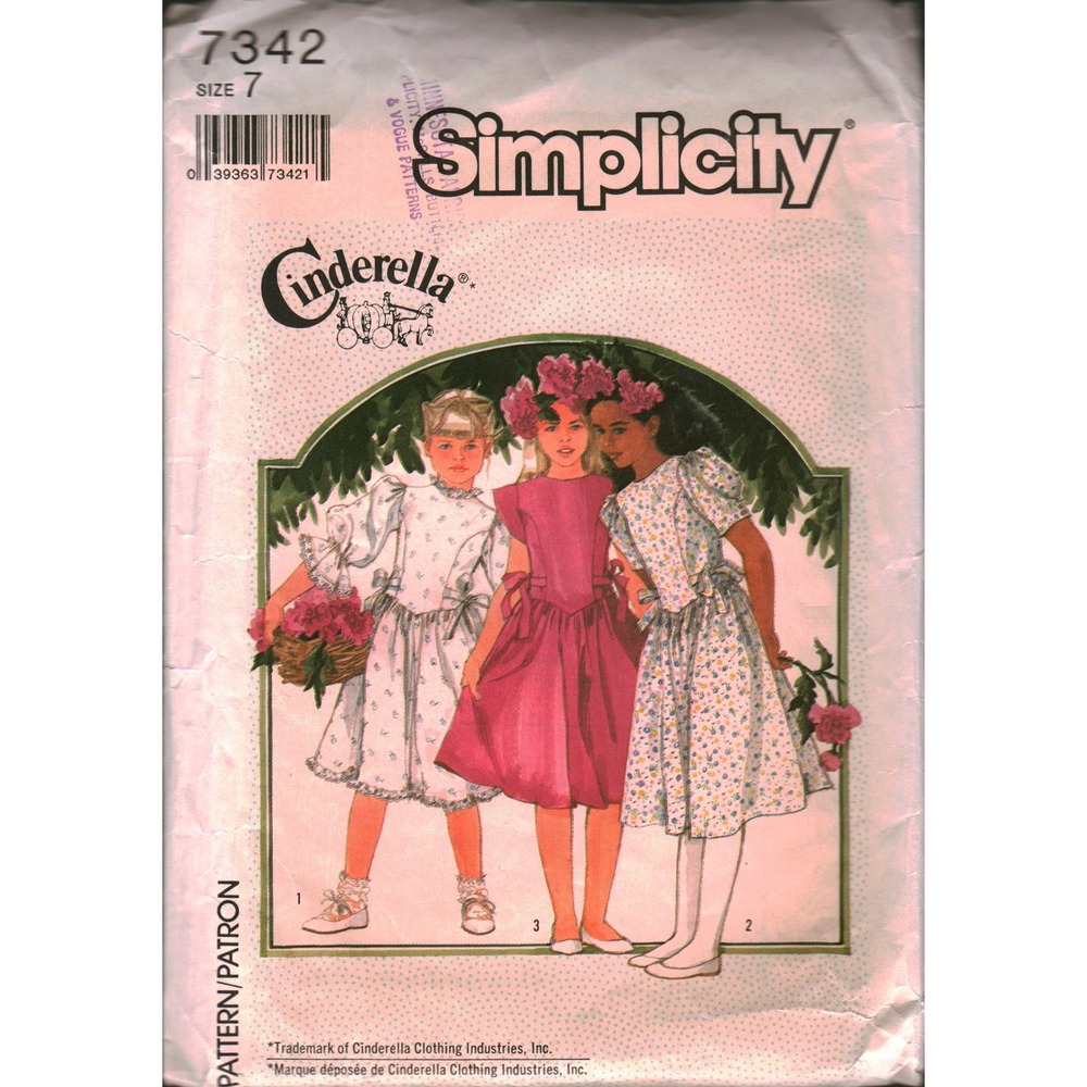 Simplicity 7342 Girls Cinderella Dress Sewing Pattern Size 7 Vintage Puff Sleeve